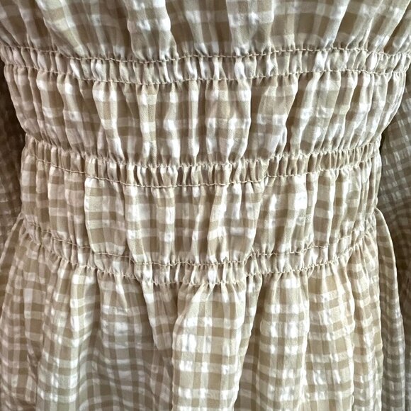 LEYDEN Smocked Boho Mini Peasant Prairie Beige & White Plaid Dress - NWT - L - Picture 5 of 16